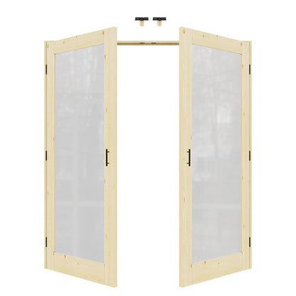Jujubon 1-Lite Frosted Glass Pine Wood Solid Core Finished Glass French Door Panels with Black Ball Catch, with Ready-to-Assemble Jamb