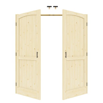 JUJUBON 2-Panel Pine Wood Solid Core Unfinished French Door Panels with Black Ball Catch, with Ready-to-Assemble Jamb