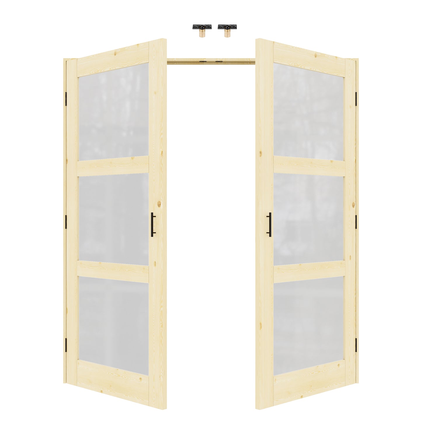 Jujubon 3-Lite Frosted Glass Pine Wood Solid Core Finished Glass French Door Panels with Black Ball Catch, with Ready-to-Assemble Jamb