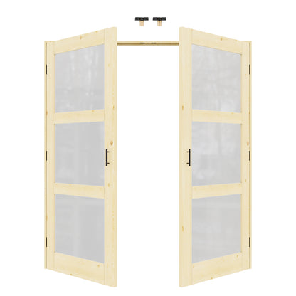 Jujubon 3-Lite Frosted Glass Pine Wood Solid Core Finished Glass French Door Panels with Black Ball Catch, with Ready-to-Assemble Jamb