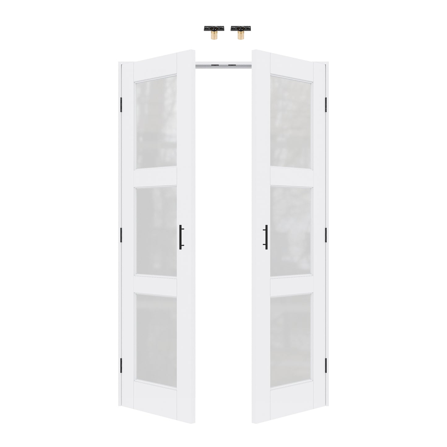 Jujubon 3-Lite Frosted Glass White Solid Core Finished Glass French Door Panels with Black Ball Catch, with Ready-to-Assemble Jamb