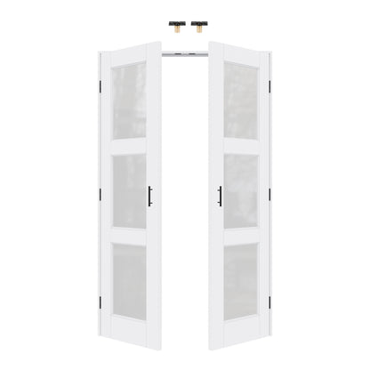 Jujubon 3-Lite Frosted Glass White Solid Core Finished Glass French Door Panels with Black Ball Catch, with Ready-to-Assemble Jamb