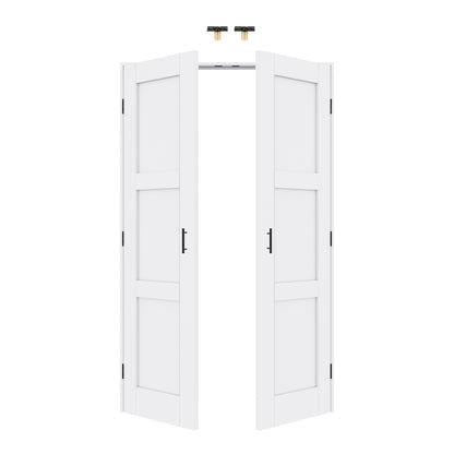 Jujubon 3-Lite Panel White Solid Core Finished Glass French Door Panels with Black Ball Catch, with Ready-to-Assemble Jamb