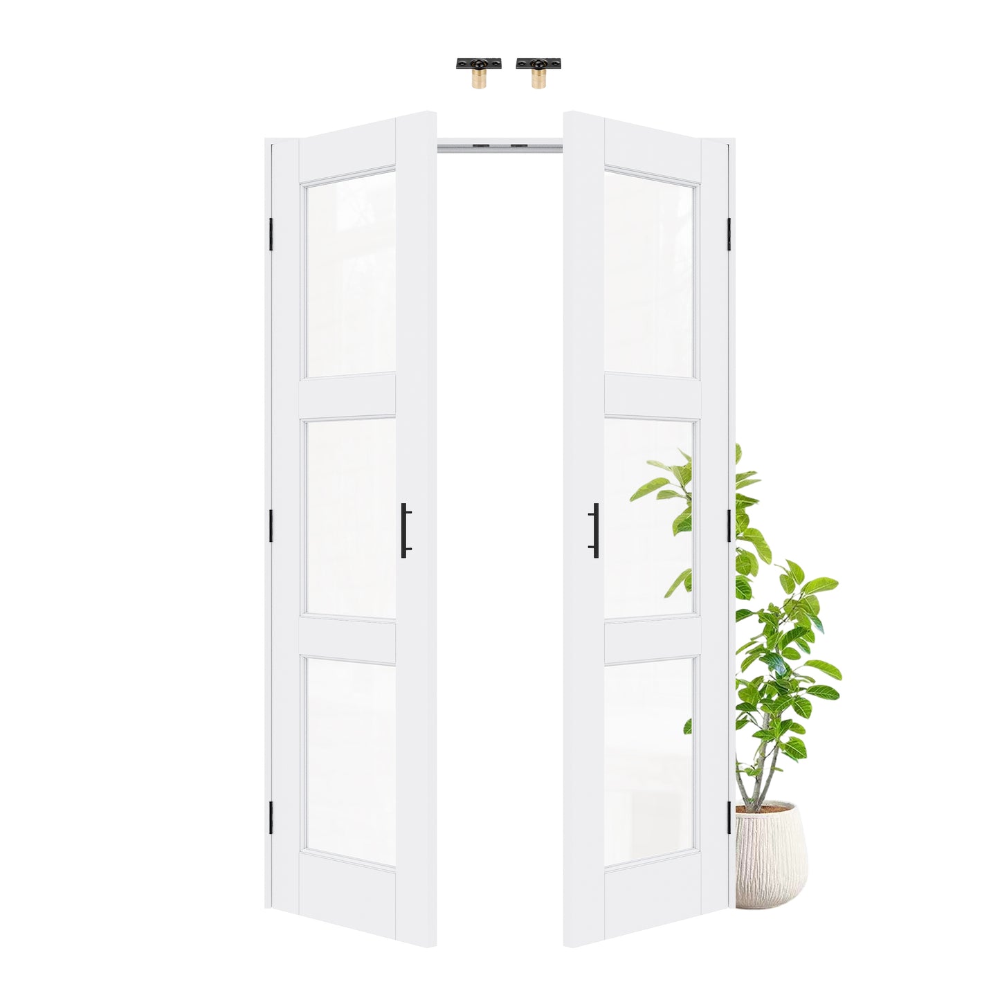 Jujubon 3-Lite Clear Glass White Solid Core Finished Glass French Door Panels with Black Ball Catch, with Ready-to-Assemble Jamb