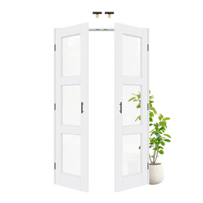 Jujubon 3-Lite Clear Glass White Solid Core Finished Glass French Door Panels with Black Ball Catch, with Ready-to-Assemble Jamb