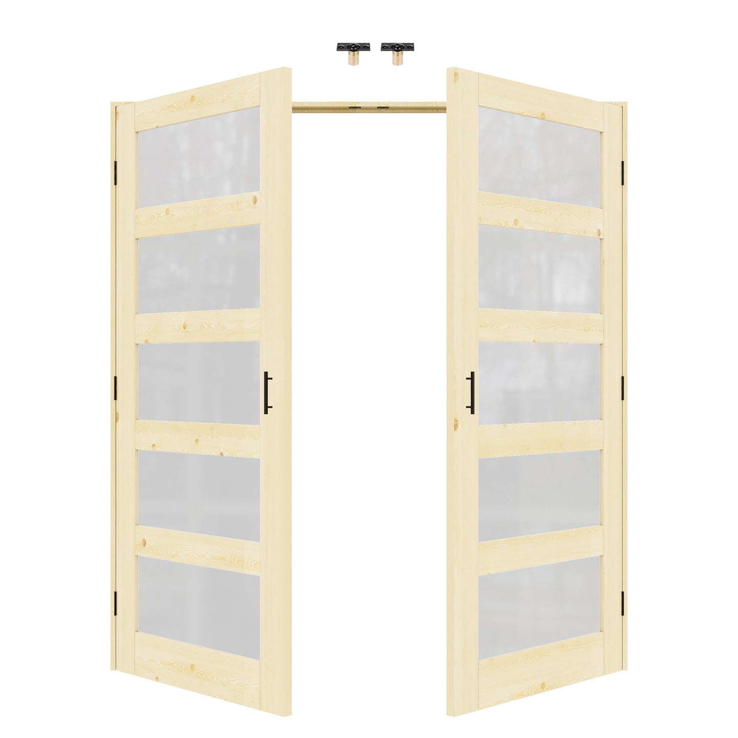 Jujubon 5-Lite Frosted Glass Pine Wood Solid Core Finished Glass French Door Panels with Black Ball Catch, with Ready-to-Assemble Jamb