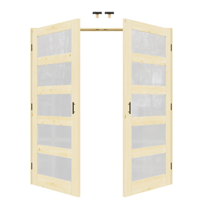 Jujubon 5-Lite Frosted Glass Pine Wood Solid Core Finished Glass French Door Panels with Black Ball Catch, with Ready-to-Assemble Jamb