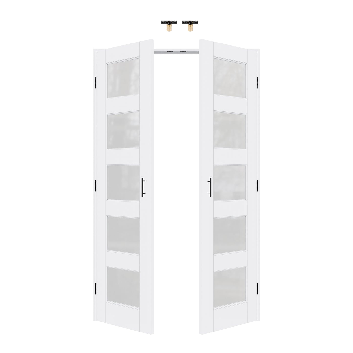 Jujubon 5-Lite Frosted Glass White Solid Core Finished Glass French Door Panels with Black Ball Catch, with Ready-to-Assemble Jamb