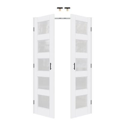 Jujubon 5-Lite Frosted Glass White Solid Core Finished Glass French Door Panels with Black Ball Catch, with Ready-to-Assemble Jamb