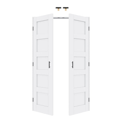 Jujubon 5-Lite Panel White Solid Core Finished Glass French Door Panels with Black Ball Catch, with Ready-to-Assemble Jamb
