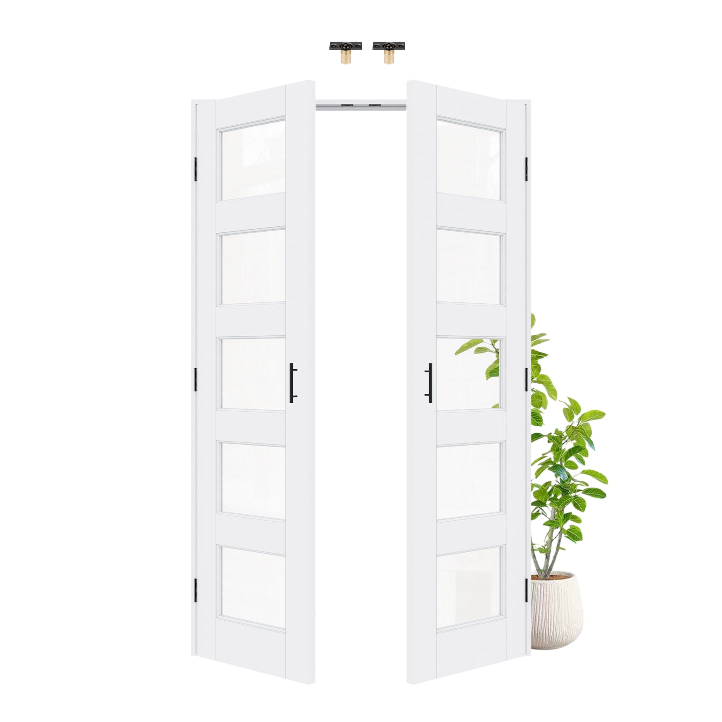 Jujubon 5-Lite Clear Glass White Solid Core Finished Glass French Door Panels with Black Ball Catch, with Ready-to-Assemble Jamb