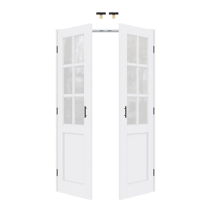 Jujubon 6-Lite Frosted Glass White Solid Core Finished Glass French Door Panels with Black Ball Catch, with Ready-to-Assemble Jamb