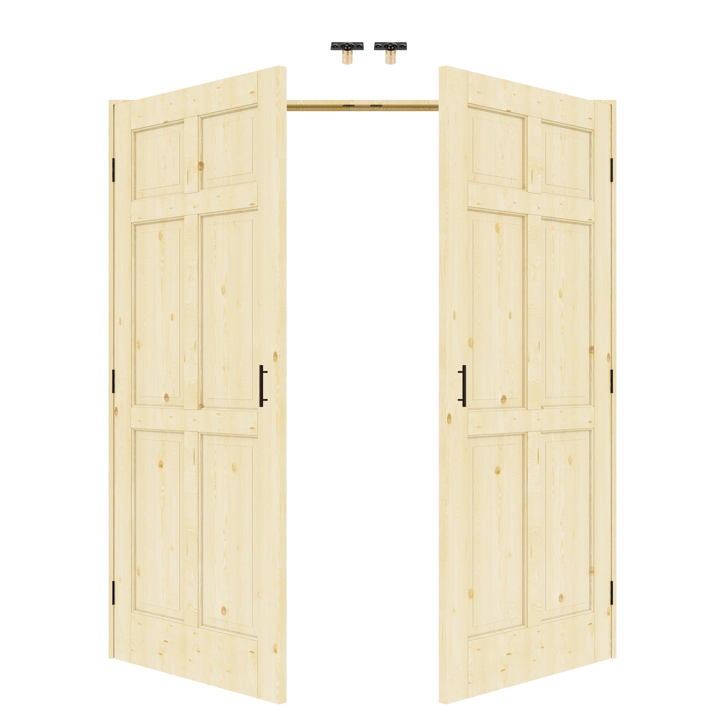 JUJUBON 6-Panel Pine Wood Solid Core Unfinished French Door Panels with Black Ball Catch, with Ready-to-Assemble Jamb