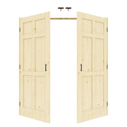 JUJUBON 6-Panel Pine Wood Solid Core Unfinished French Door Panels with Black Ball Catch, with Ready-to-Assemble Jamb