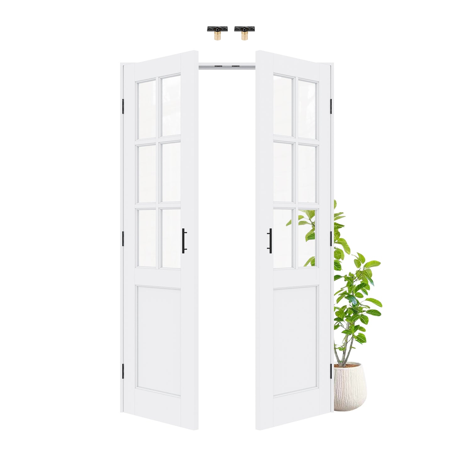 Jujubon 6-Lite Clear Glass White Solid Core Finished Glass French Door Panels with Black Ball Catch, with Ready-to-Assemble Jamb