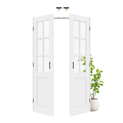 Jujubon 6-Lite Clear Glass White Solid Core Finished Glass French Door Panels with Black Ball Catch, with Ready-to-Assemble Jamb