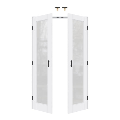 Jujubon 1-Lite Frosted Glass White Solid Core Finished Glass French Door Panels with Black Ball Catch, with Ready-to-Assemble Jamb