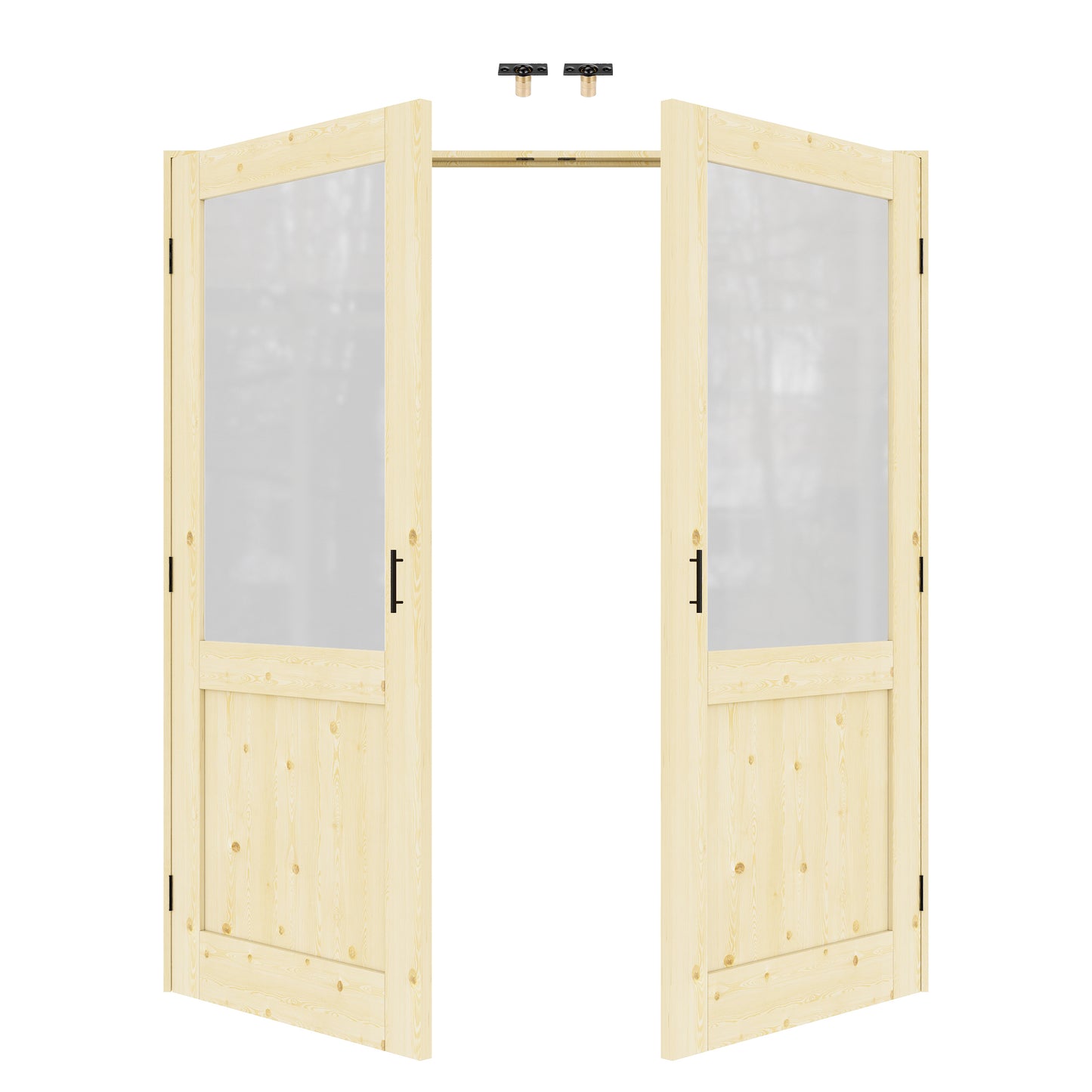 Jujubon Half-Lite Frosted Glass Pine Wood Solid Core Finished Glass French Door Panels with Black Ball Catch, with Ready-to-Assemble Jamb