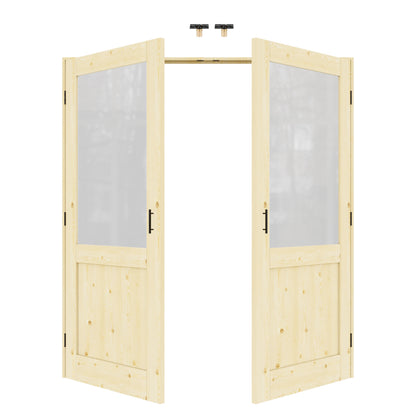 Jujubon Half-Lite Frosted Glass Pine Wood Solid Core Finished Glass French Door Panels with Black Ball Catch, with Ready-to-Assemble Jamb