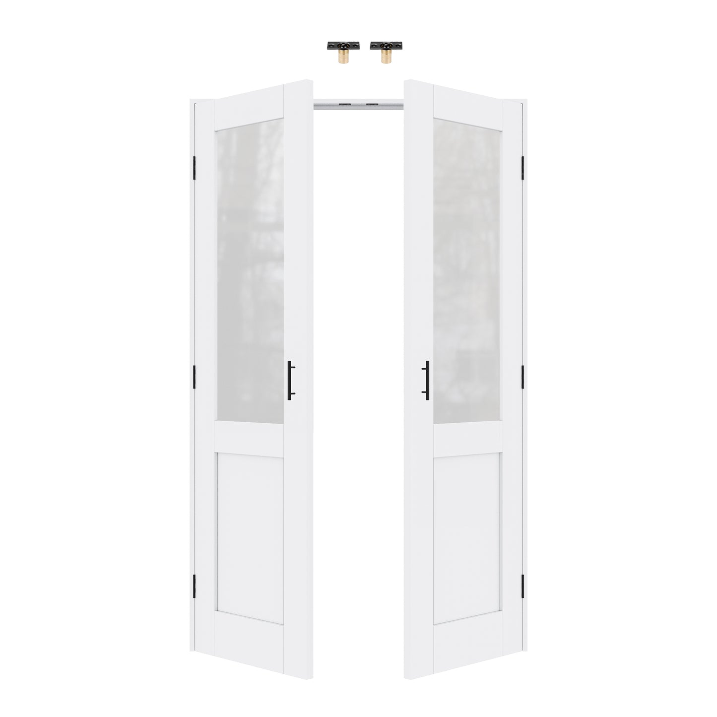 Jujubon Half-Lite Frosted Glass White Solid Core Finished Glass French Door Panels with Black Ball Catch, with Ready-to-Assemble Jamb