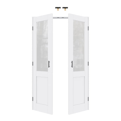 Jujubon Half-Lite Frosted Glass White Solid Core Finished Glass French Door Panels with Black Ball Catch, with Ready-to-Assemble Jamb