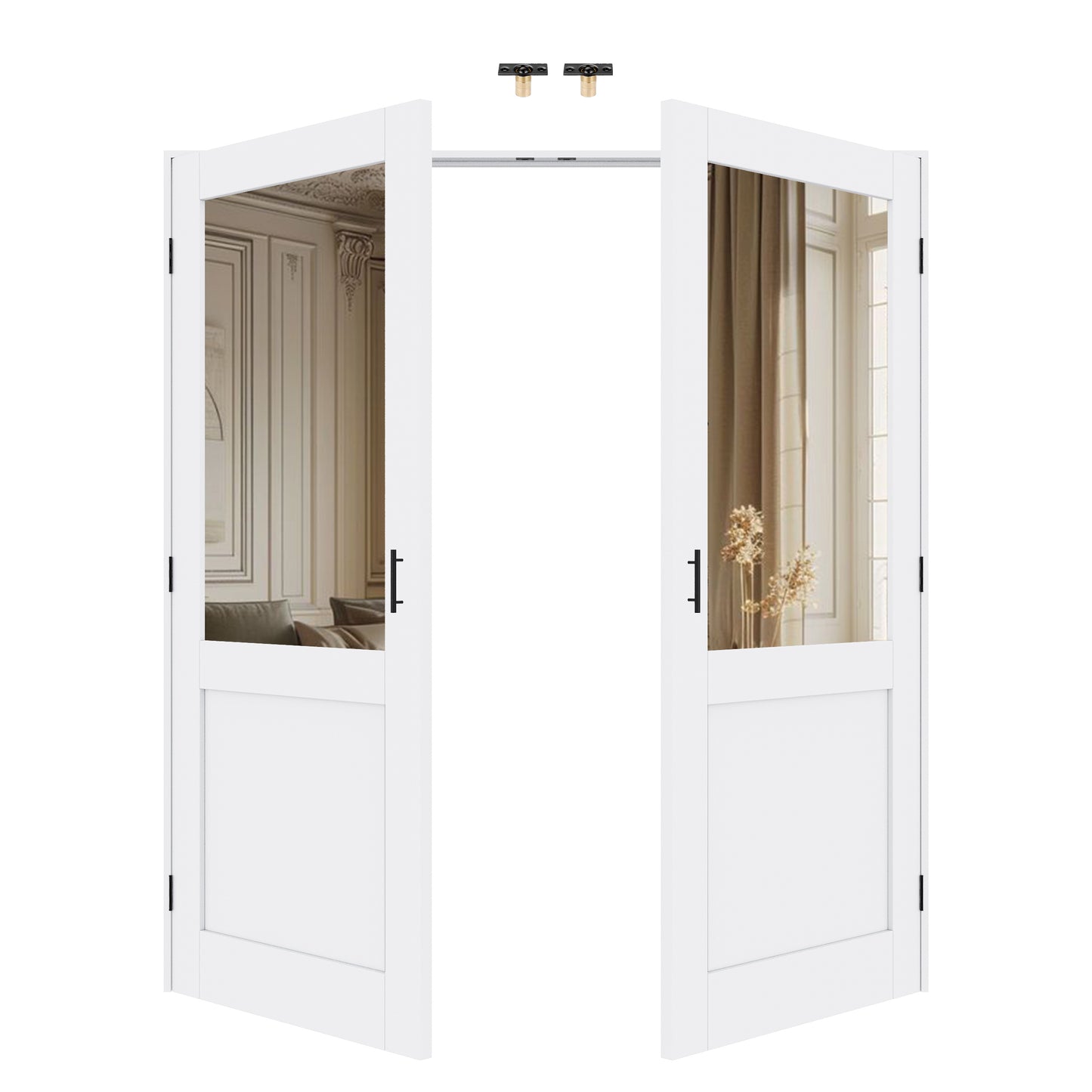 Jujubon Half-Lite Mirror White Solid Core Finished Glass French Door Panels with Black Ball Catch, with Ready-to-Assemble Jamb