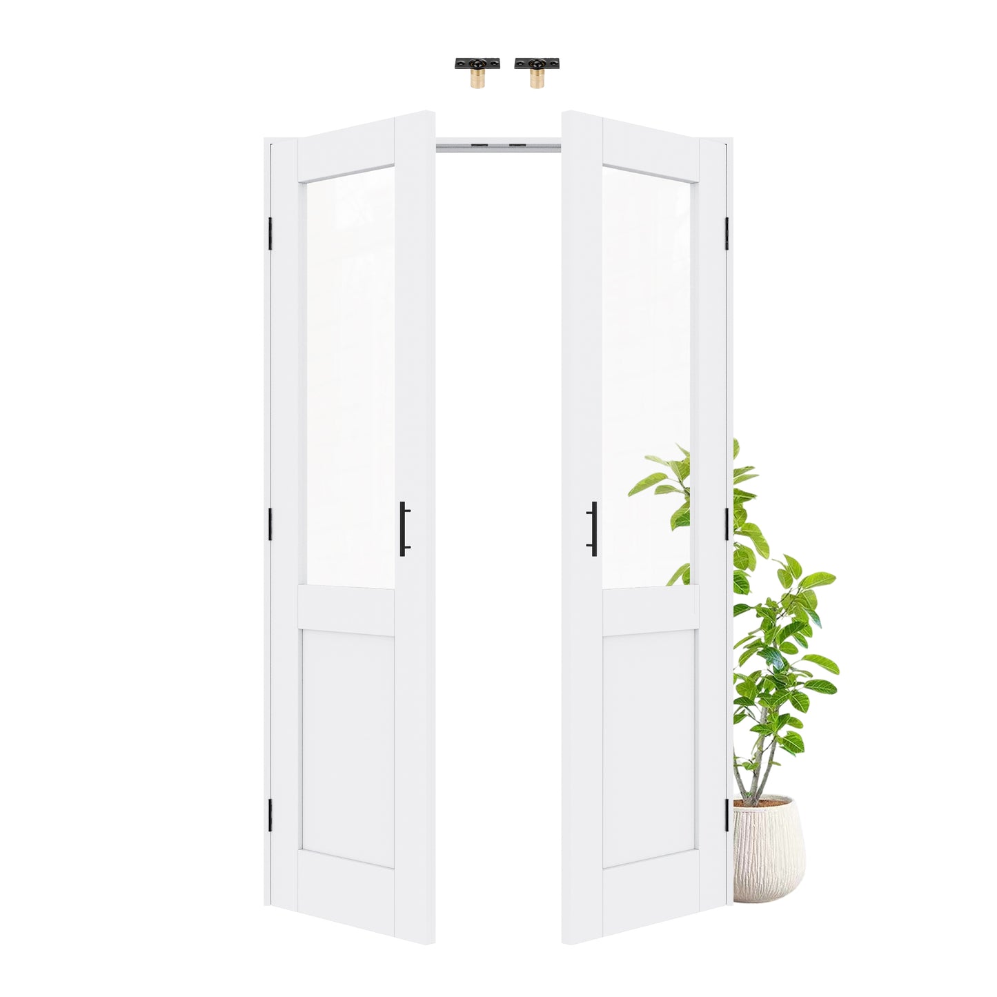 Jujubon Half-Lite Clear Glass White Solid Core Finished Glass French Door Panels with Black Ball Catch, with Ready-to-Assemble Jamb
