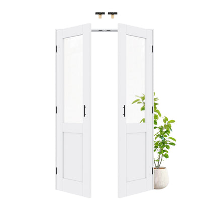 Jujubon Half-Lite Clear Glass White Solid Core Finished Glass French Door Panels with Black Ball Catch, with Ready-to-Assemble Jamb