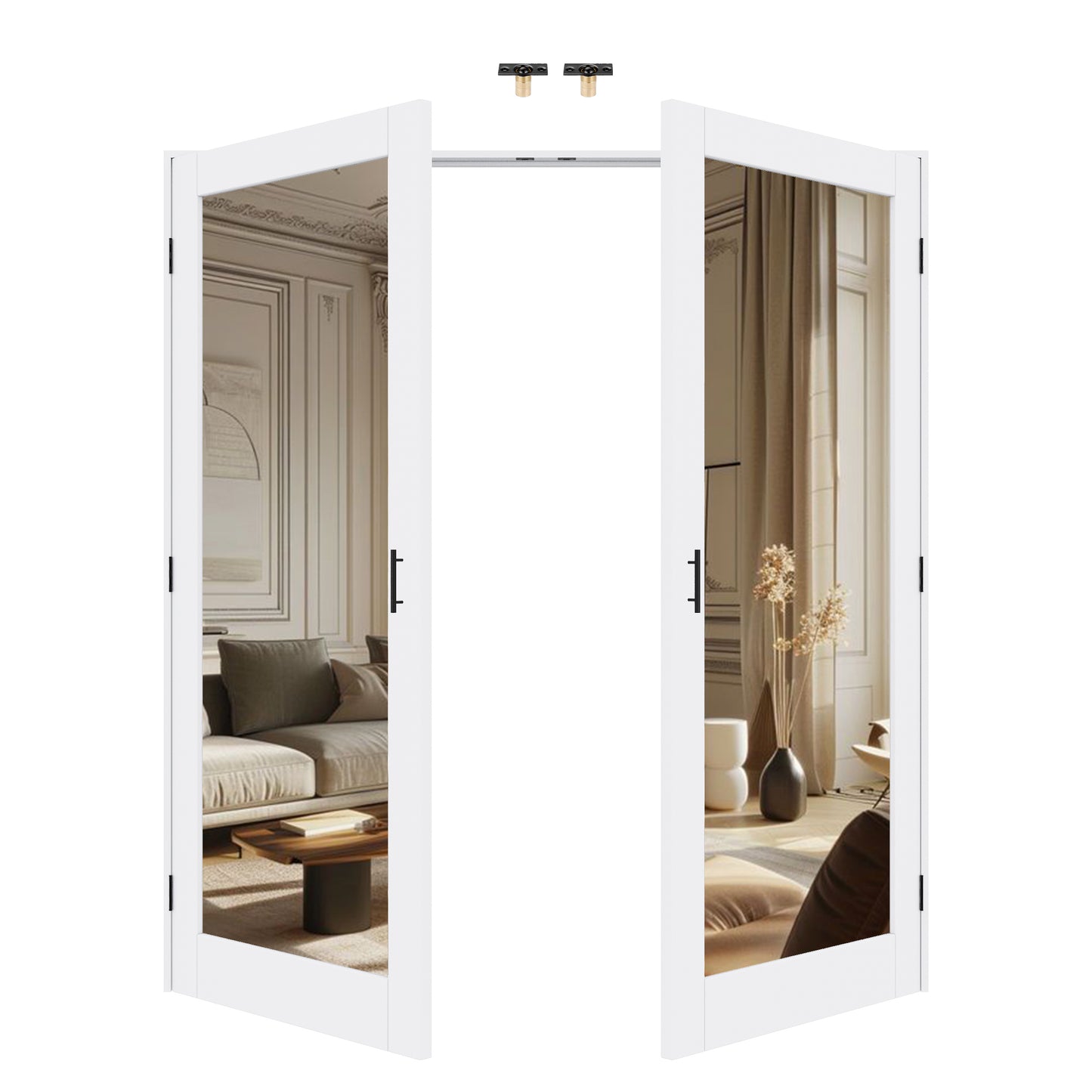 Jujubon 1-Lite One Side Mirror White Solid Core Finished Glass French Door Panels with Black Ball Catch, with Ready-to-Assemble Jamb