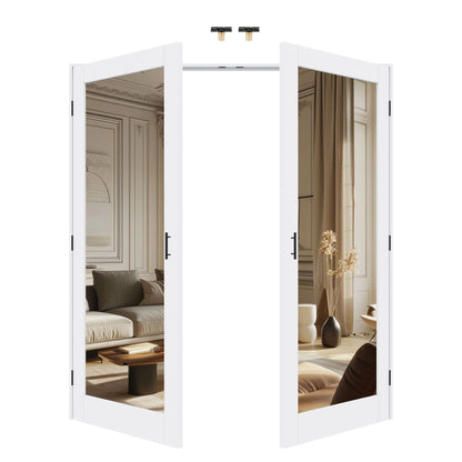Jujubon 1-Lite One Side Mirror White Solid Core Finished Glass French Door Panels with Black Ball Catch, with Ready-to-Assemble Jamb