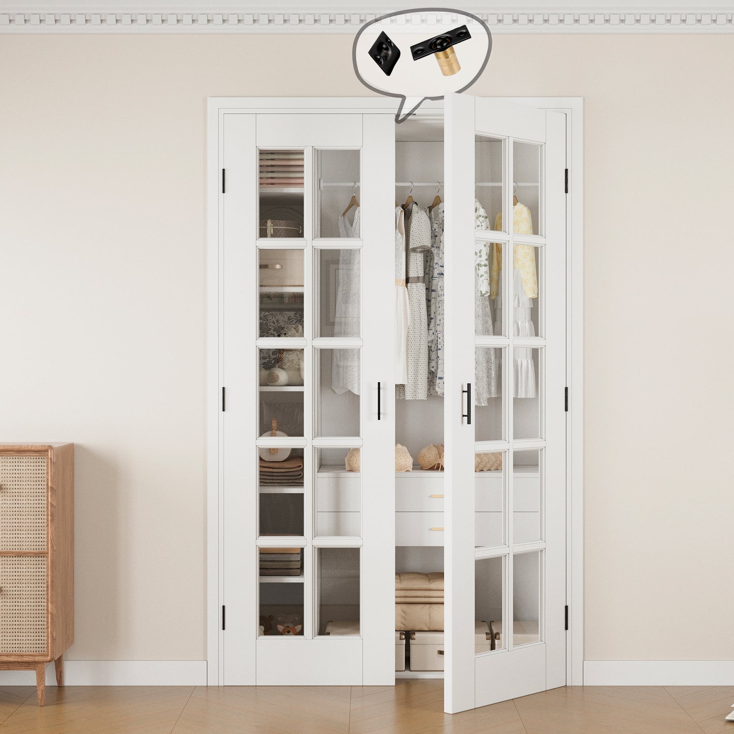 Jujubon 10-Lite Clear Glass White Solid Core Finished Glass French Door Panels with Black Ball Catch, with Ready-to-Assemble Jamb