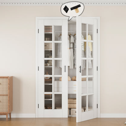 Jujubon 10-Lite Clear Glass White Solid Core Finished Glass French Door Panels with Black Ball Catch, with Ready-to-Assemble Jamb