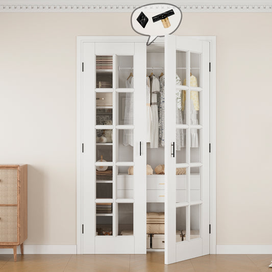 Jujubon 10-Lite Clear Glass White Solid Core Finished Glass French Door Panels with Black Ball Catch, with Ready-to-Assemble Jamb