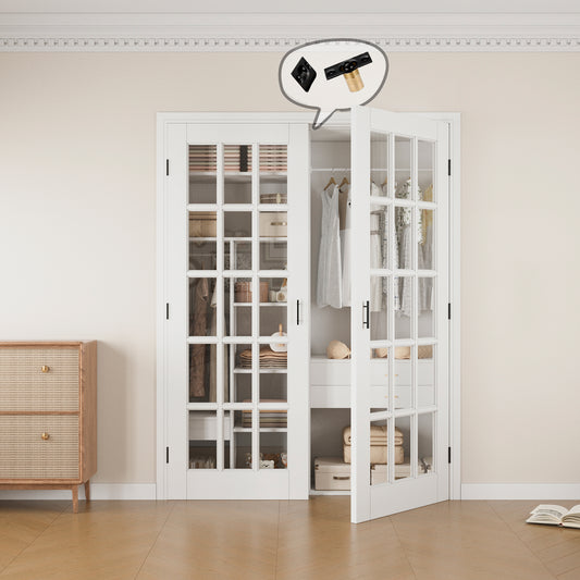 Jujubon 15-Lite Clear Glass White Solid Core Finished Glass French Door Panels with Black Ball Catch, with Ready-to-Assemble Jamb