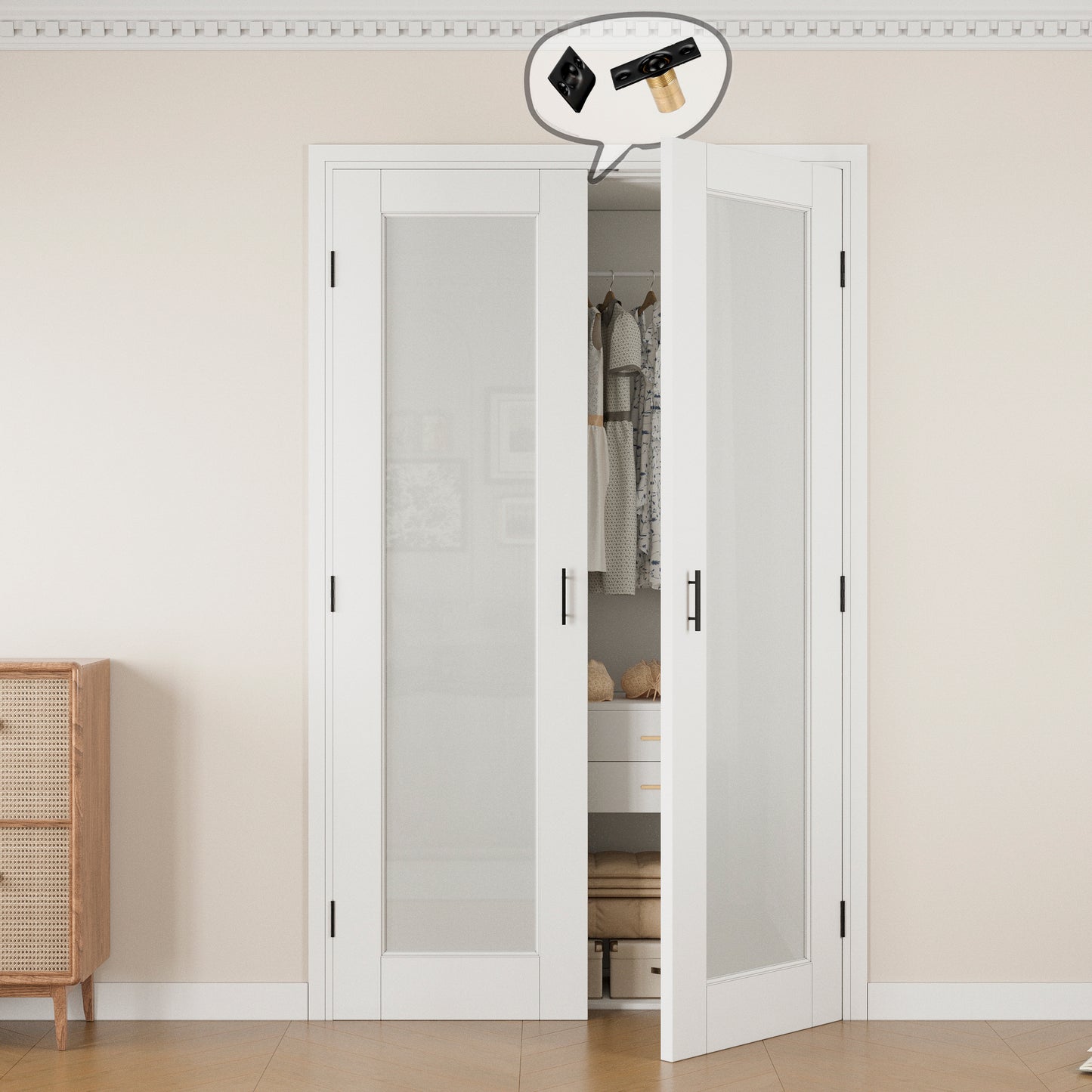 Jujubon 1-Lite Frosted Glass White Solid Core Finished Glass French Door Panels with Black Ball Catch, with Ready-to-Assemble Jamb