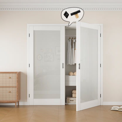 Jujubon 1-Lite Frosted Glass White Solid Core Finished Glass French Door Panels with Black Ball Catch, with Ready-to-Assemble Jamb
