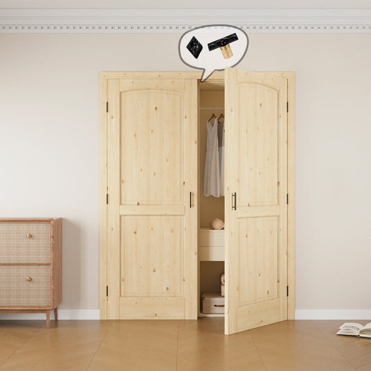 JUJUBON 2-Panel Pine Wood Solid Core Unfinished French Door Panels with Black Ball Catch, with Ready-to-Assemble Jamb