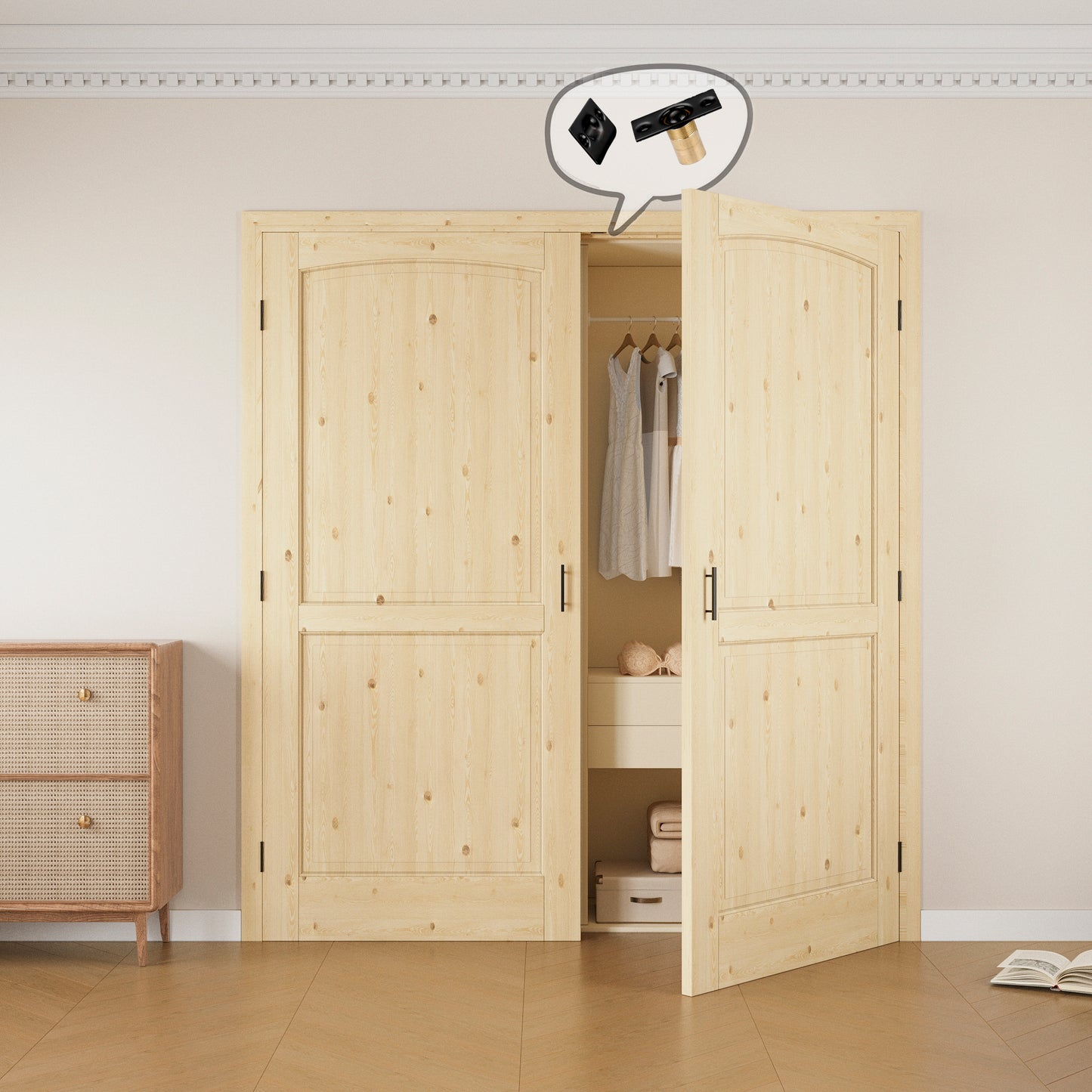 JUJUBON 2-Panel Pine Wood Solid Core Unfinished French Door Panels with Black Ball Catch, with Ready-to-Assemble Jamb
