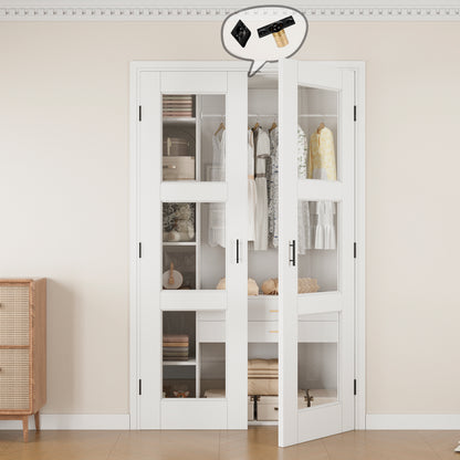 Jujubon 3-Lite Clear Glass White Solid Core Finished Glass French Door Panels with Black Ball Catch, with Ready-to-Assemble Jamb