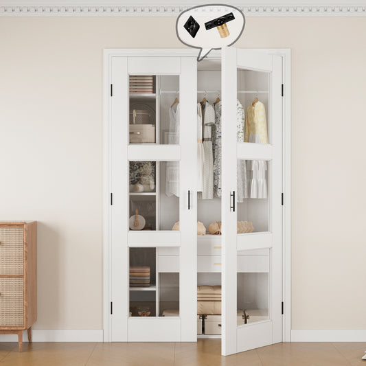 Jujubon 3-Lite Clear Glass White Solid Core Finished Glass French Door Panels with Black Ball Catch, with Ready-to-Assemble Jamb