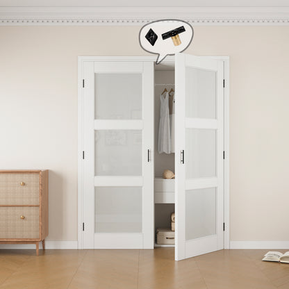 Jujubon 3-Lite Frosted Glass White Solid Core Finished Glass French Door Panels with Black Ball Catch, with Ready-to-Assemble Jamb