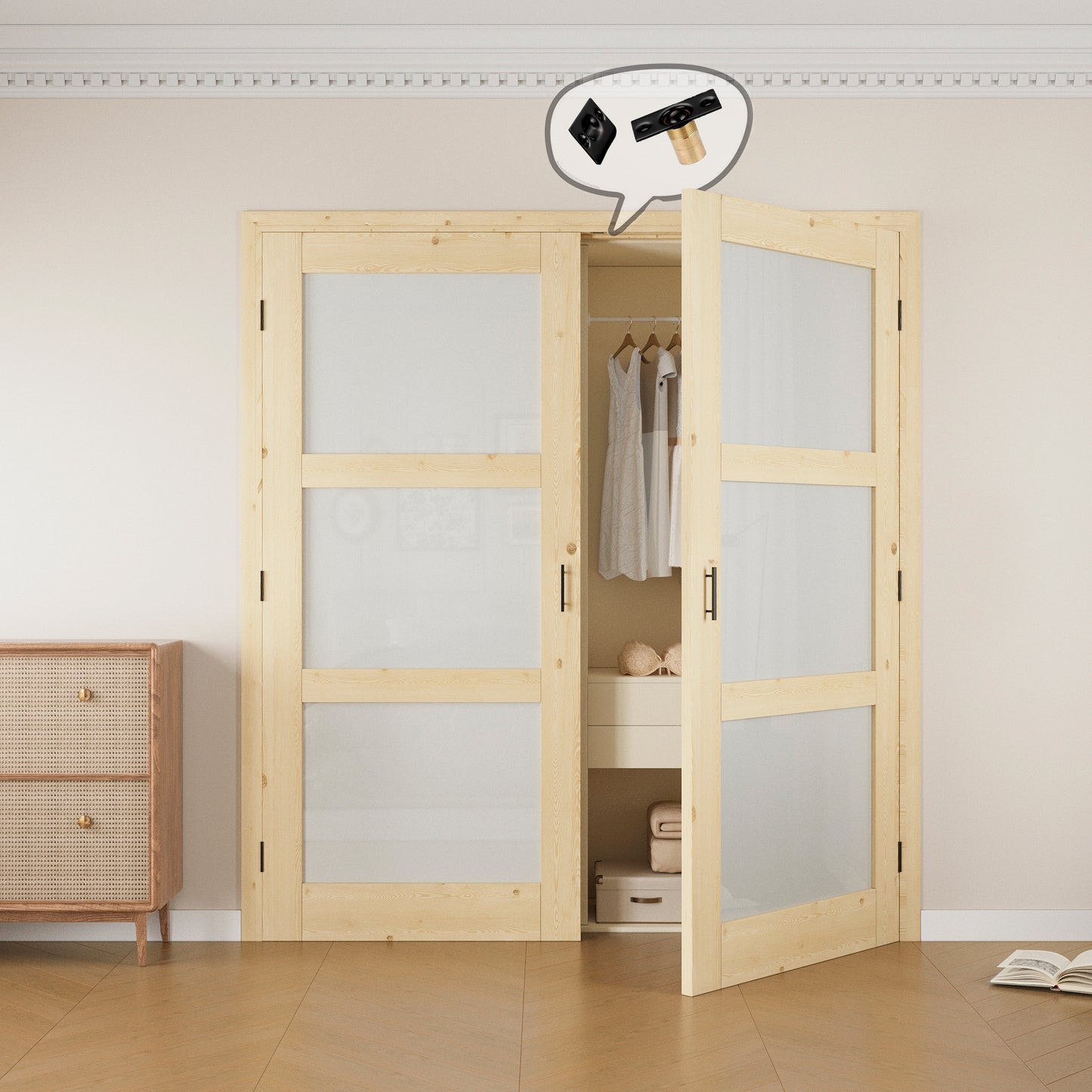 Jujubon 3-Lite Frosted Glass Pine Wood Solid Core Finished Glass French Door Panels with Black Ball Catch, with Ready-to-Assemble Jamb
