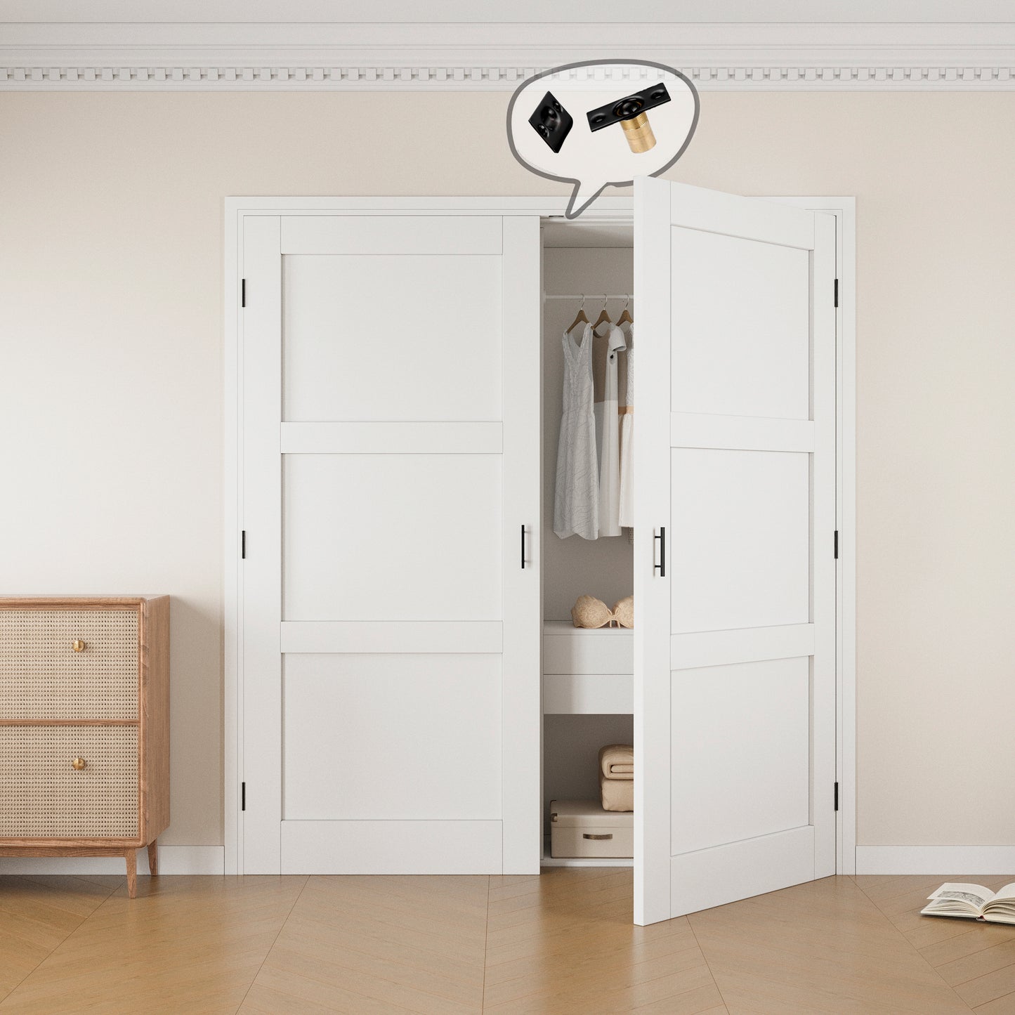 Jujubon 3-Lite Panel White Solid Core Finished Glass French Door Panels with Black Ball Catch, with Ready-to-Assemble Jamb