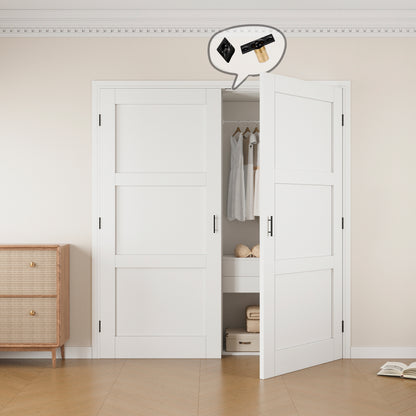 Jujubon 3-Lite Panel White Solid Core Finished Glass French Door Panels with Black Ball Catch, with Ready-to-Assemble Jamb