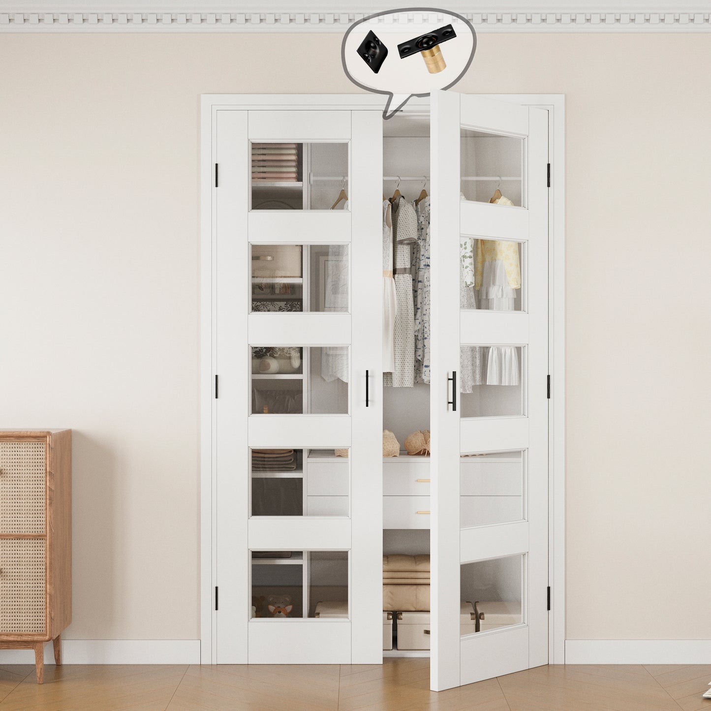 Jujubon 5-Lite Clear Glass White Solid Core Finished Glass French Door Panels with Black Ball Catch, with Ready-to-Assemble Jamb