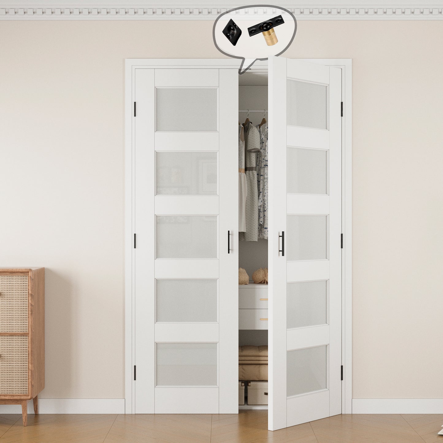 Jujubon 5-Lite Frosted Glass White Solid Core Finished Glass French Door Panels with Black Ball Catch, with Ready-to-Assemble Jamb