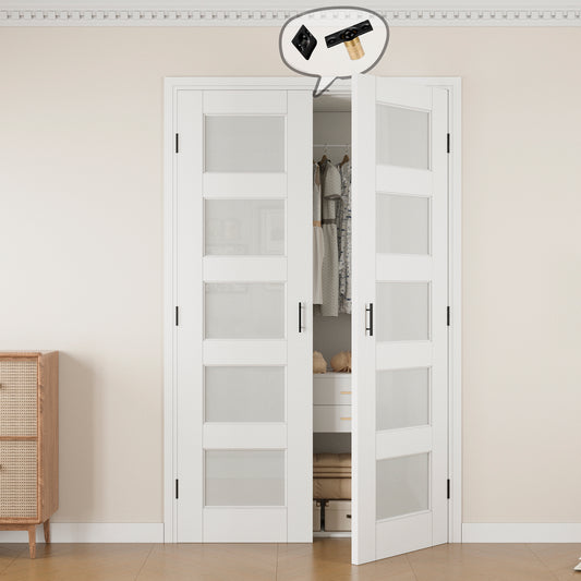 Jujubon 5-Lite Frosted Glass White Solid Core Finished Glass French Door Panels with Black Ball Catch, with Ready-to-Assemble Jamb