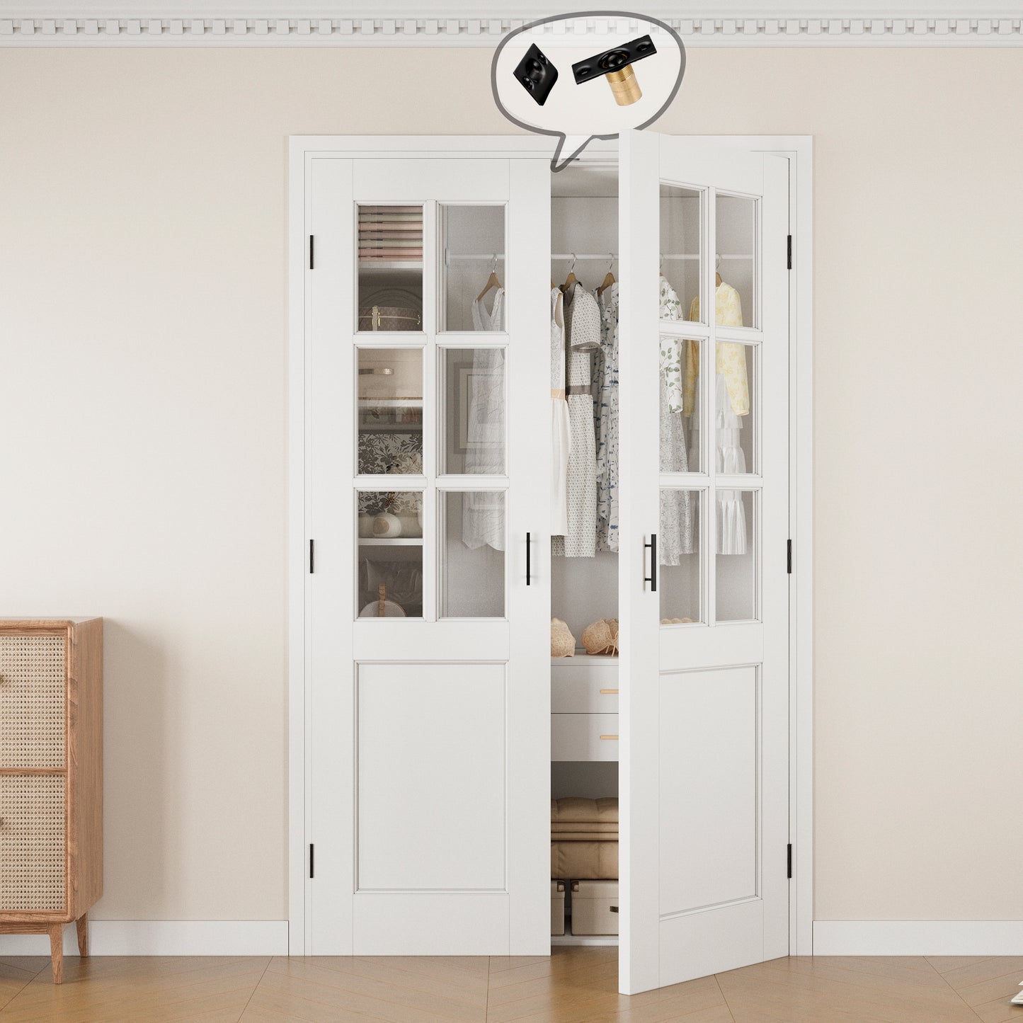 Jujubon 6-Lite Clear Glass White Solid Core Finished Glass French Door Panels with Black Ball Catch, with Ready-to-Assemble Jamb