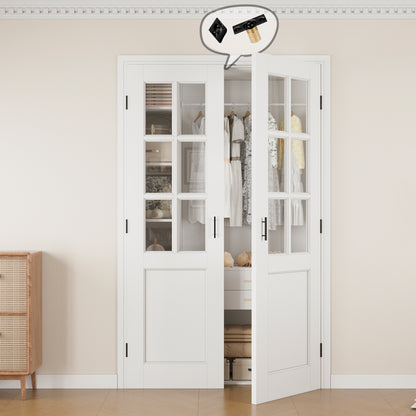 Jujubon 6-Lite Clear Glass White Solid Core Finished Glass French Door Panels with Black Ball Catch, with Ready-to-Assemble Jamb