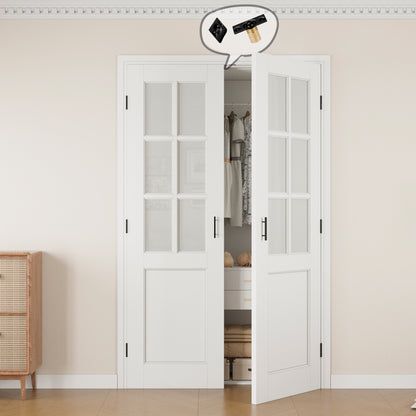 Jujubon 6-Lite Frosted Glass White Solid Core Finished Glass French Door Panels with Black Ball Catch, with Ready-to-Assemble Jamb